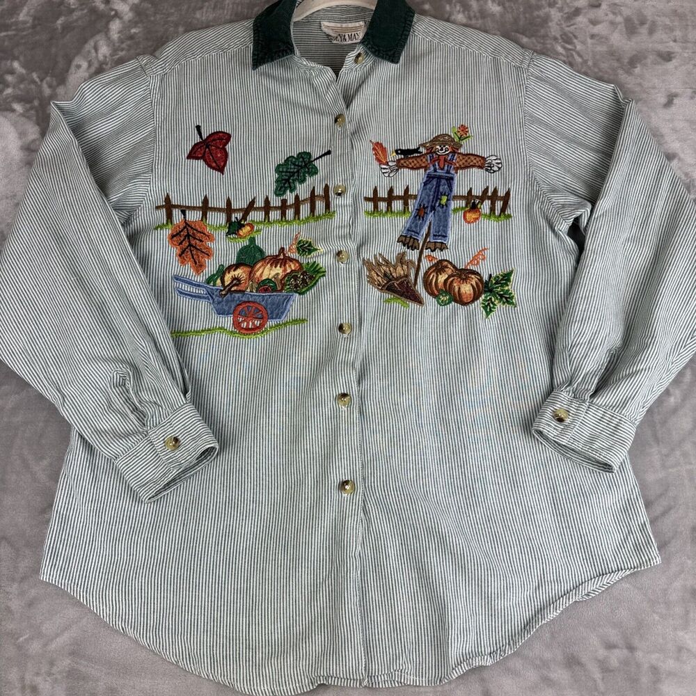 VTG Casey & Max Embroidered Button Up Shirt Women's M Green Stripe Autumn (1138)